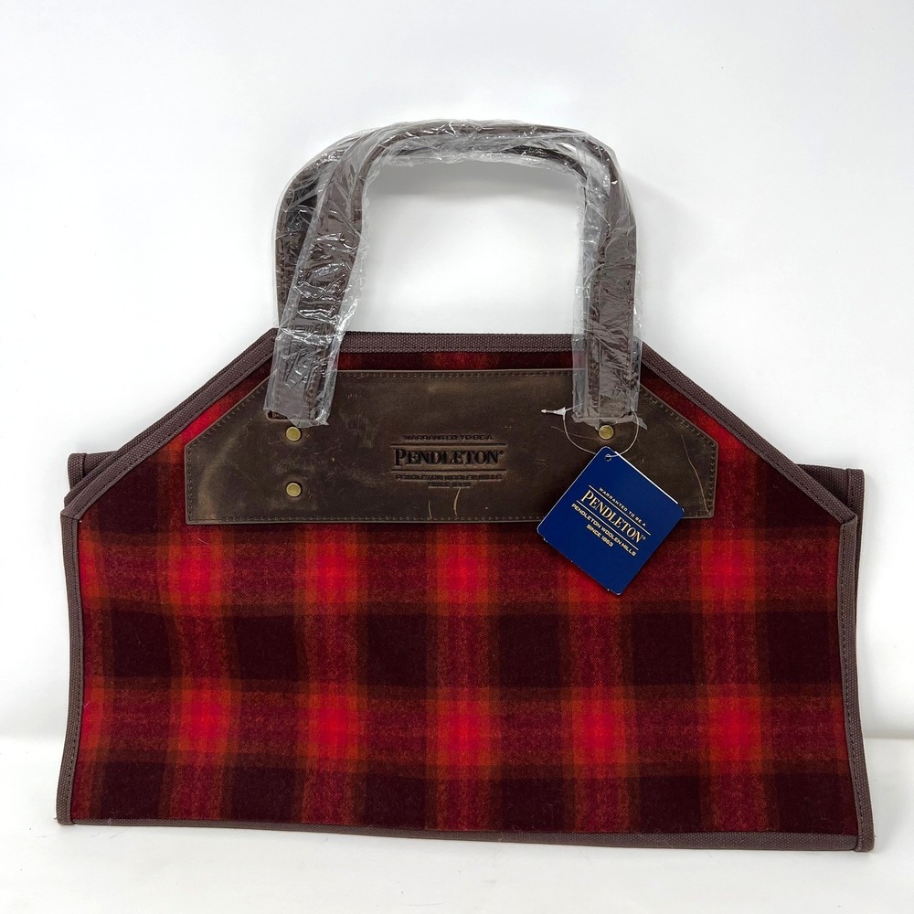 Pendleton Red Burgundy Ombre Wool Fireplace Log Carrier Leather Firewood NWT